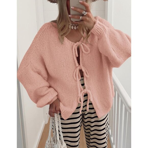 Women's Tie Front Bow Cardigan Sweaters Chunky Knit Long Puff Sleeve Trendy Fall - Picture 6 of 8